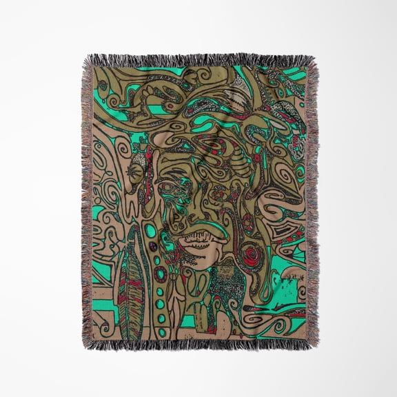 Turquoise Shaman Face, Woven Blanket