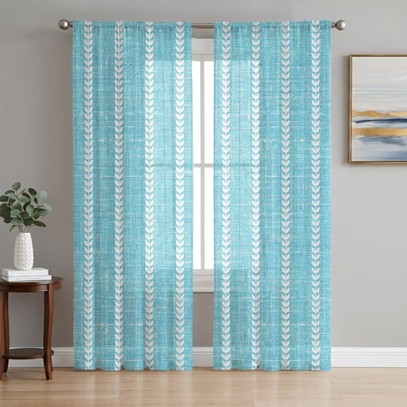 Turquoise Sheer Curtains 63 Inch Length 2 Panels Set, Modern Boho Vertical Striped Pattern Simple Voile Window Treatment Rod Pocket Curtains Sheers Drapes for Bedroom/Living Room/Kitchen 52x"63"x2