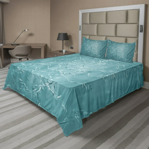 Turquoise Sheet Set, Blur Meadow Grass Plant Herb in Countryside Rural Seasonal Picture Artwork, Fitted and Flat Sheet with Pillowcases Bedding Accent 4 Piece Set, Full, Blue, by Ambesonne