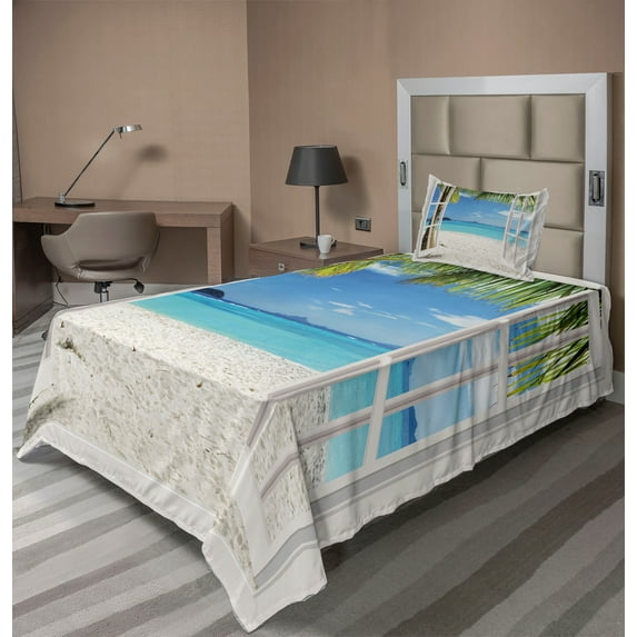 Ambesonne Tropical Fitted & Top Sheet Set with Sham, Tropical Beach Palm Trees, White Green Blue