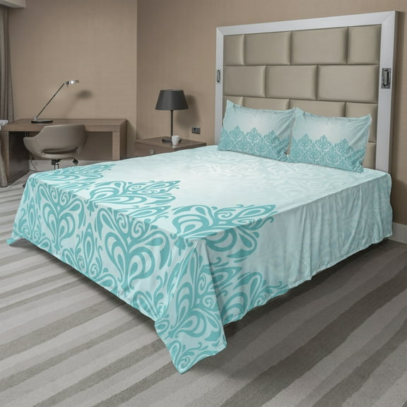 Ambesonne Blue Fitted & Top Sheet Set with Shams, European Victorian Design, Blue