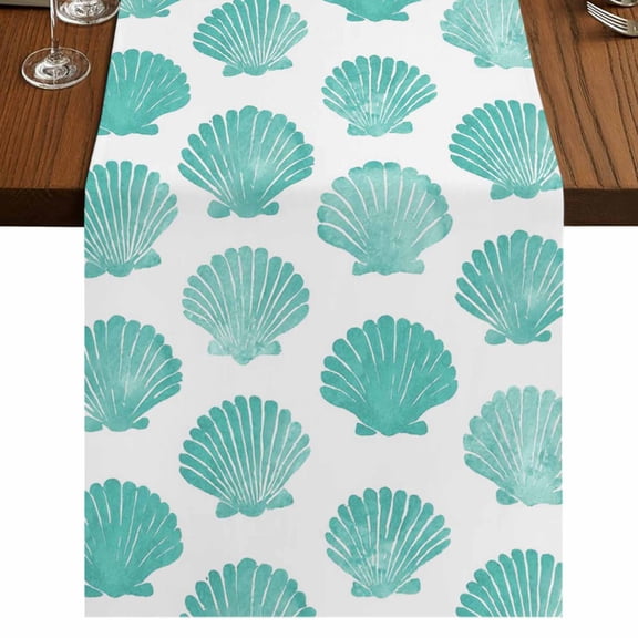 Turquoise Shell Coastal Burlap Cotton Table Runner 13x60 Inches Long, Summer Beach Ocean Conch Farmhouse Table Runners, Outdoor Dining Table Decor for Baby Shower/Party/Wedding