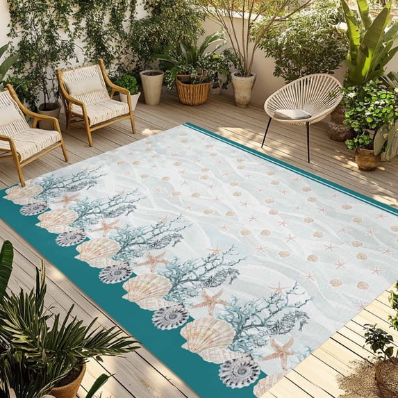 Turquoise Shell Outdoor Rug 6x9 Ft - Reversible Patio Rug Outdoor Camping Rugs, Rustic Coastal Nautical Ocean Animals Washable Indoor Outdoor Area Rugs, Non-Slip Outdoor Carpet Runner for Deck/Porch