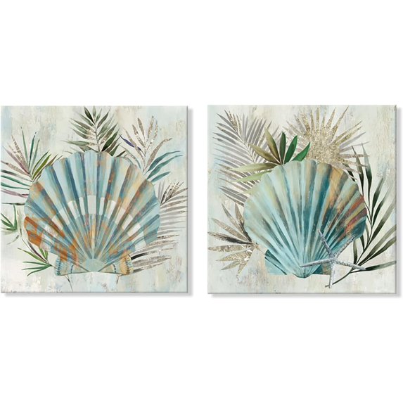 Turquoise Shell by PI Creative Art Modern Canvas seashells Wall Pictures Giclee Artwork Print on Canvas Framed Stretched Decor for Living Room Bedroom 12 x 12 inch x 2 pcs