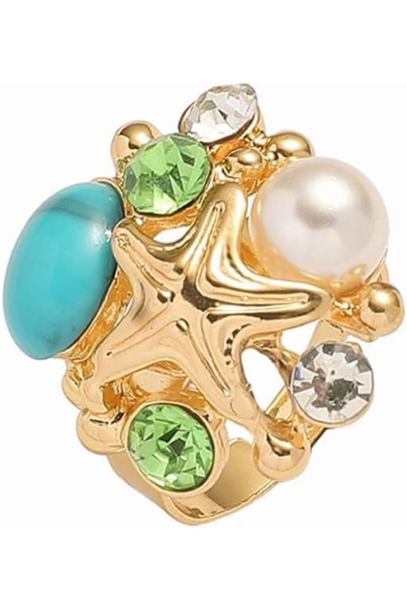 Turquoise Shell Pearl Starfish Statetment Ring for Women Gold Plated Fashion Clear Green CZ Crystal Star Shaped Adjustable Open Wrap Finger Rings Comfort Fit Summer Holiday Jewelry Gift
