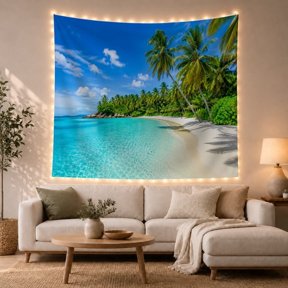 Turquoise Shoreline with White Sand and Palm Trees, Peaceful Coastal Art for Beach Lovers, Scenic Wall Decor, Housewarming Gift, Tapestry Wall Hanging for Bedroom and Living Room