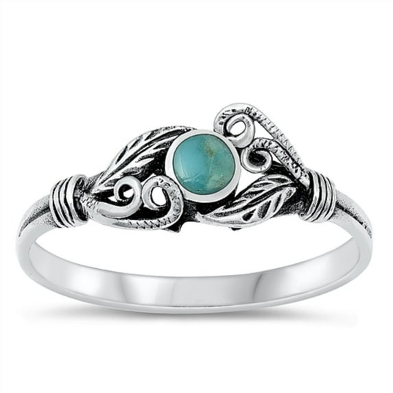 Turquoise Simulated Opal Swirls with Leaves Ring Sterling Silver Size 10