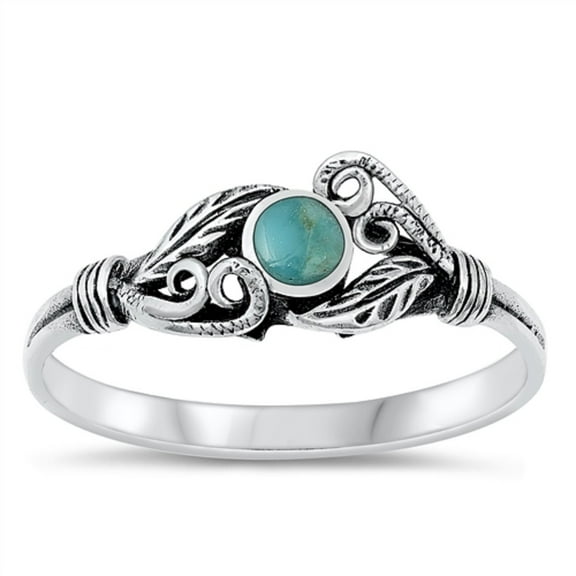 Turquoise Simulated Opal Swirls with Leaves Ring Sterling Silver Size 6