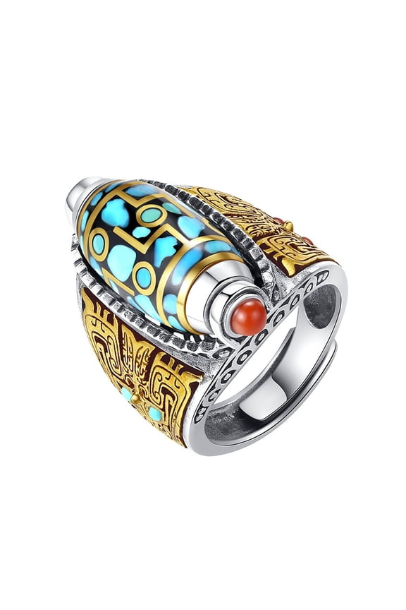 Turquoise Six Character Mantra Nine Eye Dzi Bead Ring, Copper Material, Sky Blue Color, One Size, Tibetan Rotating Feng Shui Meditation Ring