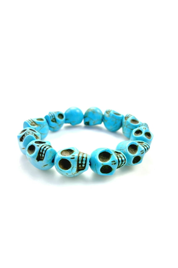 Turquoise Skull Beaded Bracelet for Men, Women, Tibetan Prayer Skeleton Hand Bracelet, Hand Knotted Goth Stone Bead Wristband for Meditation, Blue