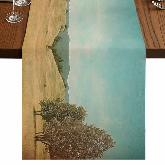 Turquoise Sky Hills 48 Inch Table Runner, Vintage Country Landscape Farmhouse Dresser Scarf Cotton & Linen Tablerunner for Dining/Kitchen Island/Holiday Party Décor 13" x 48"