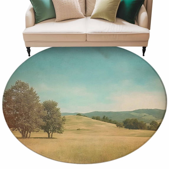 Turquoise Sky Hills Large Area Rugs for Bedroom Living Room, Soft Non Slip Carpet Bedside Rug, Vintage Country Landscape Round Floor Cover Kitchen Accent Rug 5' for Dining Room/Office