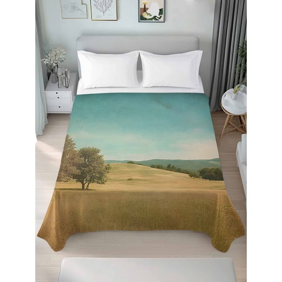 Turquoise Sky Hills Queen Size Flat Sheet, Wrinkleproof & Fadeproof Cooling Flat Bed Sheet Only, Vintage Country Landscape Breathable Soft Bedding Top Sheets 90 x 102 Inches