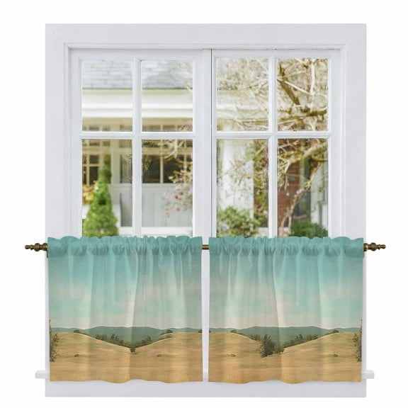Turquoise Sky Hills Tier Curtains, Vintage Country Landscape Light Filtering Kitchen Curtains, 2Pcs Rod Pocket Half Window Treatments Panels for Sink Cafe Cabinet Camper 27.5x24 Inches