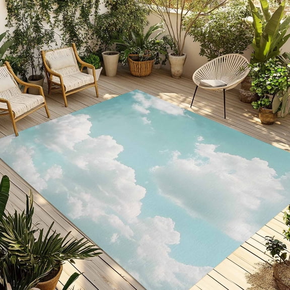 Turquoise Sky Outdoor Rug 3x5 Ft - Reversible Patio Rug Outdoor Camping Rugs, Rustic Retro Clouds Landscape Washable Indoor Outdoor Area Rugs, Non-Slip Outdoor Carpet Runner for Deck/Porch