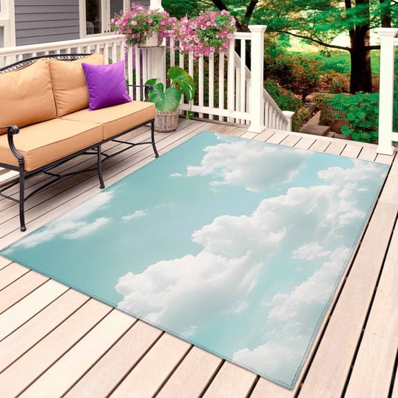 Turquoise Sky Outdoor Rug 4x6 Ft, Non Slip Washable Area Rug, Rustic Retro Clouds Landscape Patio Rugs Carpet Runner, Large Floor Mat for Indoor/Outdoor Deck Porch Camping