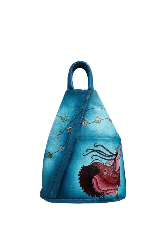 Womens Hand Painted Turquoise Triangle Leather Bag  Artistic Backpack with Adjustable Straps, Stylish for Daily Use