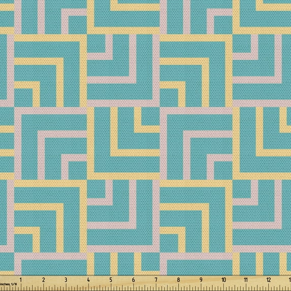 Ambesonne Turquoise Fabric by the Yard Upholstery, Art Deco Square Lines, 3 Yards, Turquoise Yellow