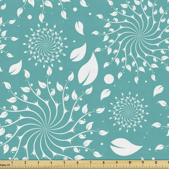 Ambesonne Turquoise Fabric by the Yard Upholstery, Stalks and Dots Vintage, 5 Yards, Turquoise White