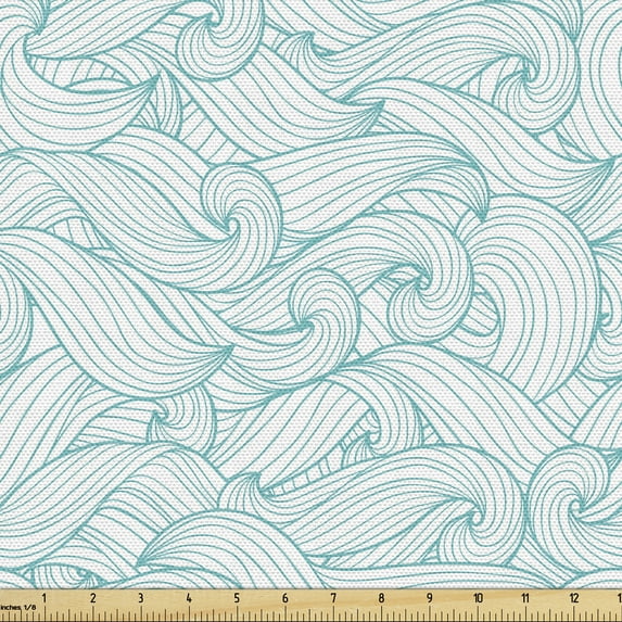 Ambesonne Turquoise Fabric by the Yard Upholstery, Ocean Waves Summer, 1 Yard, Pale Blue White