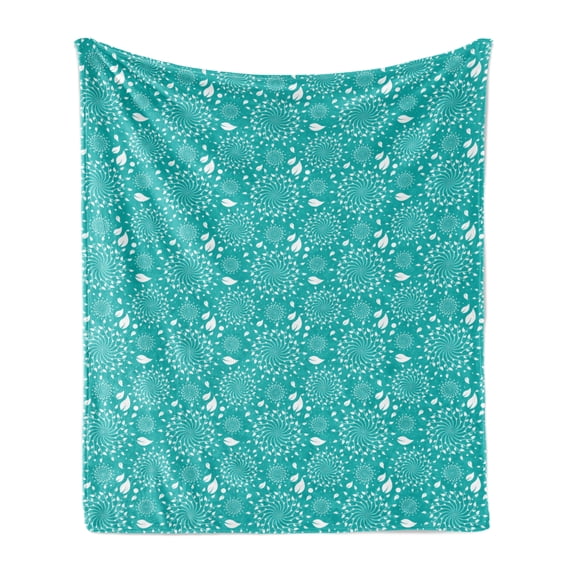 Turquoise Soft Flannel Fleece Blanket, Blossoming Nature Theme Swirls Vortex Leaves Stalks and Dots Vintage Pattern, Cozy Plush for Indoor and Outdoor Use, 70" x 90", Turquoise White, by Ambesonne