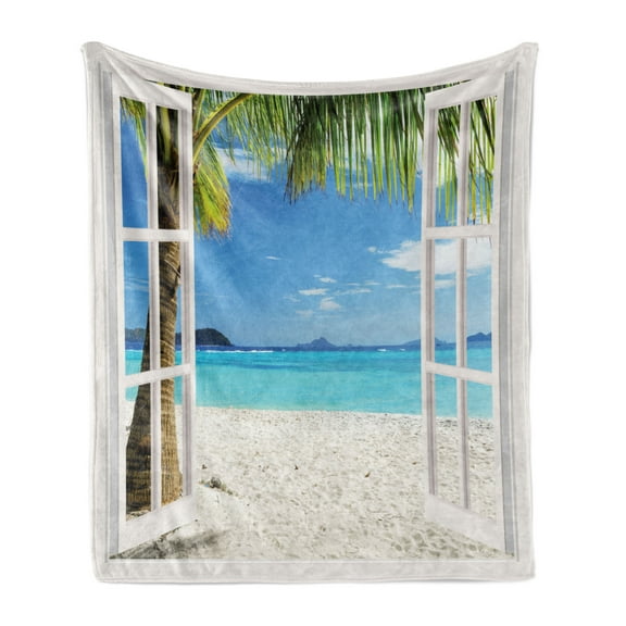 Turquoise Soft Flannel Fleece Blanket, Exotic Palm Trees on Island Ocean Summer Beach Through Wooden Windows View, Cozy Plush for Indoor and Outdoor Use, 50" x 60", White Green Blue, by Ambesonne