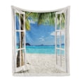 thumbnail image 1 of Turquoise Soft Flannel Fleece Blanket, Exotic Palm Trees on Island Ocean Summer Beach Through Wooden Windows View, Cozy Plush for Indoor and Outdoor Use, 70" x 90", White Green Blue, by Ambesonne, 1 of 6