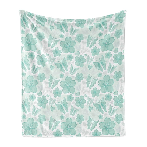 Turquoise Soft Flannel Fleece Blanket, Flowers Butterflies Leaves Pattern Springtime Romantic Design Nature, Cozy Plush for Indoor and Outdoor Use, 50" x 60", Turquoise Seafoam Pearl, by Ambesonne