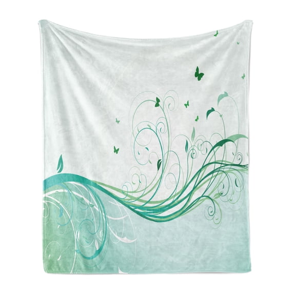 Turquoise Soft Flannel Fleece Blanket, Illustration Floral Victorian Style Curvy Lines Wave Butterfly Design, Cozy Plush for Indoor and Outdoor Use, 70" x 90", Pale Green Mint Green, by Ambesonne