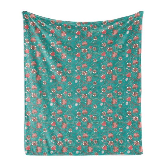 Turquoise Soft Flannel Fleece Throw Blanket, Abstract Floral Arrangement Hand Drawn Foliage with Circular Elements Romantic, Cozy Plush for Indoor and Outdoor Use, 50" x 70", Teal Coral, by Ambesonne