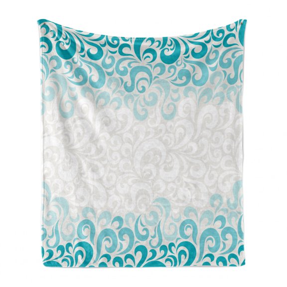 Turquoise Soft Flannel Fleece Throw Blanket, Abstract Floral Flowers Pattern Classic Design Illustration, Cozy Plush for Indoor and Outdoor Use, 50" x 60", Teal Turquoise White, by Ambesonne