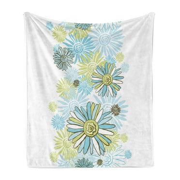 Turquoise Soft Flannel Fleece Throw Blanket, Chamomiles Flower Blossom Wildflower Blooms Summer Illustration, Cozy Plush for Indoor and Outdoor Use, 70" x 90", Pale Green Dark Green, by Ambesonne