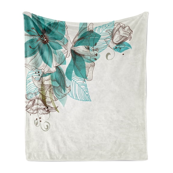 Turquoise Soft Flannel Fleece Throw Blanket, Flowers Buds Leaf at the top Left Corner Season Celebrating Theme, Cozy Plush for Indoor and Outdoor Use, 60" x 80", Teal Pale Green, by Ambesonne