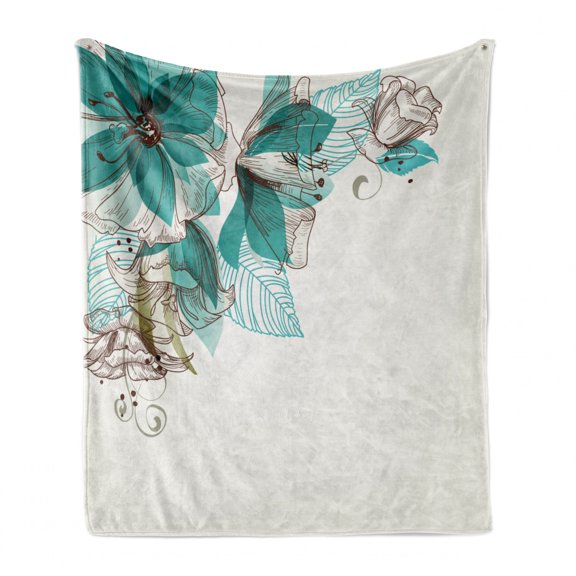 Turquoise Soft Flannel Fleece Throw Blanket, Flowers Buds Leaf at the top Left Corner Season Celebrating Theme, Cozy Plush for Indoor and Outdoor Use, 70" x 90", Teal Pale Green, by Ambesonne