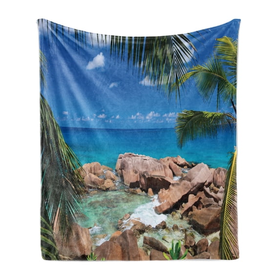 Turquoise Soft Flannel Fleece Throw Blanket, Idyllic Rocky Coast Island with Palm Leaves in Paradise Clouds Relax Calm Photo, Cozy Plush for Indoor and Outdoor Use, 60" x 80", Turquoise, by Ambesonne