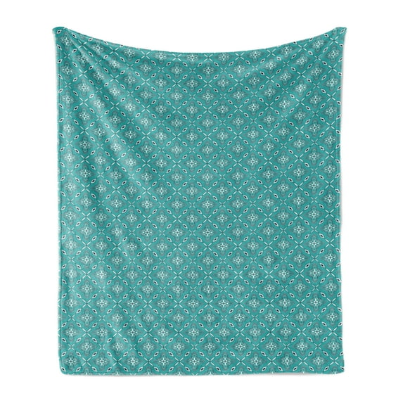 Turquoise Soft Flannel Fleece Throw Blanket, Moroccan in Geometric Rectangular Frames with Floral Arrangement, Cozy Plush for Indoor and Outdoor Use, 50" x 70", Turquoise Dark Blue, by Ambesonne