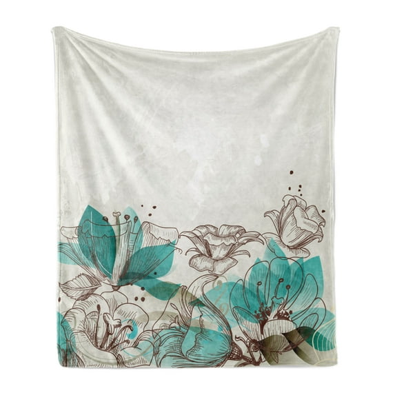 Turquoise Soft Flannel Fleece Throw Blanket, Retro Floral Background Hibiscus Silhouettes Dramatic Romantic Nature Art, Cozy Plush for Indoor and Outdoor Use, 50" x 70", Beige Teal, by Ambesonne