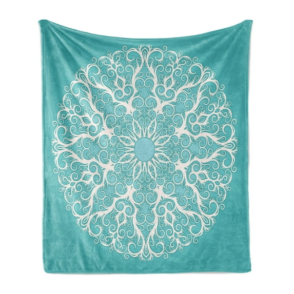 Turquoise Soft Flannel Fleece Throw Blanket, Round Curving Tree Branches Pattern Infinite Circle Symmetrical Cuves Floral Design, Cozy Plush for Indoor and Outdoor Use, 70" x 90", White, by Ambesonne