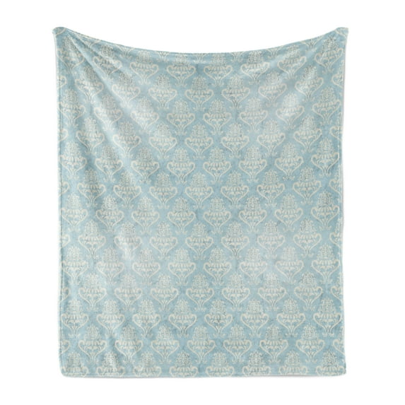 Turquoise Soft Flannel Fleece Throw Blanket, Vintage Medieval Grunge Floral Illustration Abstract Classic Pattern, Cozy Plush for Indoor and Outdoor Use, 50" x 60", Bluegrey Cream, by Ambesonne