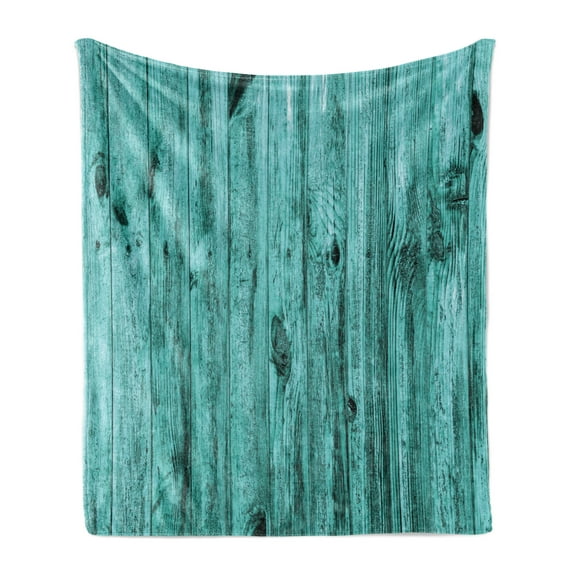 Turquoise Soft Flannel Fleece Throw Blanket, Wall of Turquoise Wooden Texture Background and Antique Timber Furniture Print, Cozy Plush for Indoor and Outdoor Use, 70" x 90", Blue, by Ambesonne