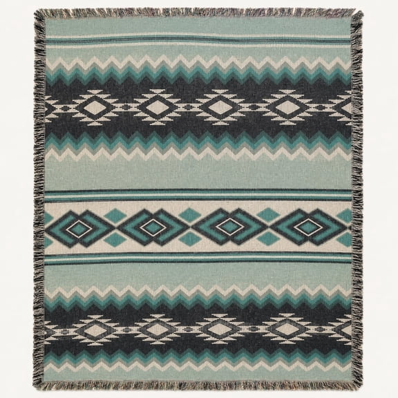 Turquoise Southwestern Geometric Woven Cotton Throw Blanket with Fringe | 3 Sizes