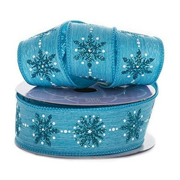 Turquoise Sparkling Snowflake Linen Wired Ribbon - 1 1/2 Inches Wide X 10 Yards (56113601)