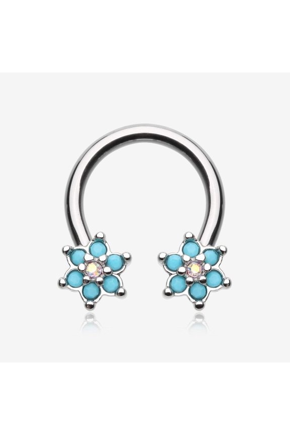 Turquoise Spring Flower Sparkle Horseshoe Circular Barbell
