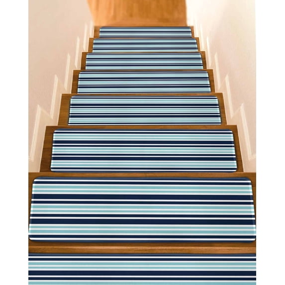 Turquoise and Stair Treads Non Slip for Steps Dark Blue Stripes Minimalist Modern Geometric 15 Pcs Reusable Adhesive Stair Runner Mats for Dogs Elders Carpet Treads Rugs for Staircase 8x30 In