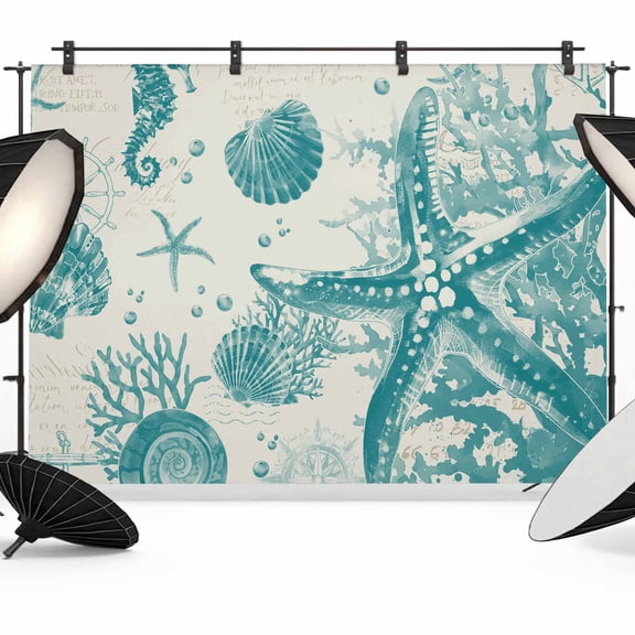 Turquoise Starfish Backdrop for Photoshoot,Photography Photo Studio Background Wall Backdrop,Ocean Nautical Seahorse Coral Shell Back Drop Banner Panel for Portraits Wedding Live Streaming 8x6Ft