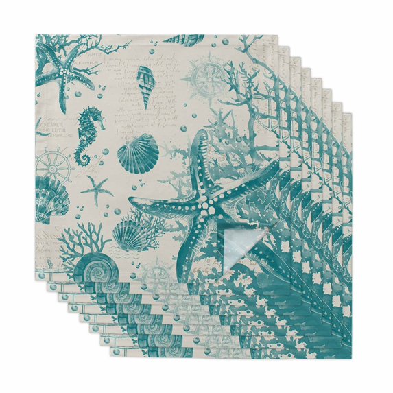 Turquoise Starfish Cloth Napkins, Ocean Nautical Seahorse Coral Shell Washable and Reusable Dinner Napkins Set of 8, Table Napkin for Kitchen Party Birthday Wedding Hotel Housewarming 20"x20"