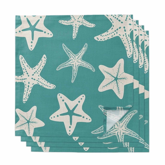 Turquoise Starfish Coastal Cloth Napkins, Nautical Summer Ocean Abstract Art Washable and Reusable Dinner Napkins Set of 4, Table Napkin for Kitchen Party Birthday Wedding Hotel Housewarming 20"x20"