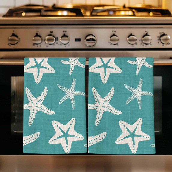 Turquoise Starfish Coastal Kitchen Towels Set of 4, Nautical Summer Ocean Abstract Art Absorbent Dish Towels for Kitchen, Microfiber Hand Towel, Quick Drying Tea Towel for Cleaning Dishcloths