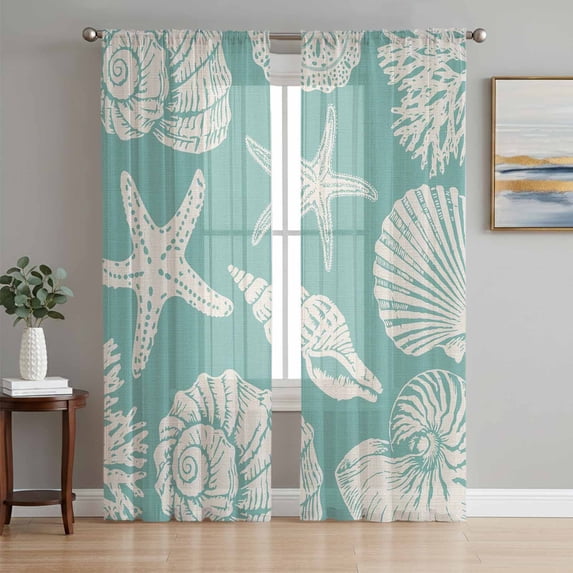 Turquoise Starfish Coastal Sheer Curtains 108 Inch Length 2 Panels Set, Shell Summer Beach Nautical Voile Window Treatment Semi Sheer Long Curtains Drapes for Bedroom/Living Room/Kitchen 52"x108"x2