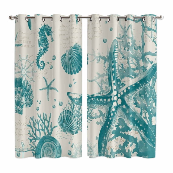 Turquoise Starfish Kitchen Curtains 63 Inch Length, Ocean Nautical Seahorse Coral Shell Grommet Top Bedroom Living Room Curtains, Light Filtering Cafe Curtain Drapes 2 Panels Set 84''x63''